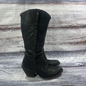 Lucchese Black Leather Heeled Western Woven Handmade Side Zip Boots Women’s 6.5